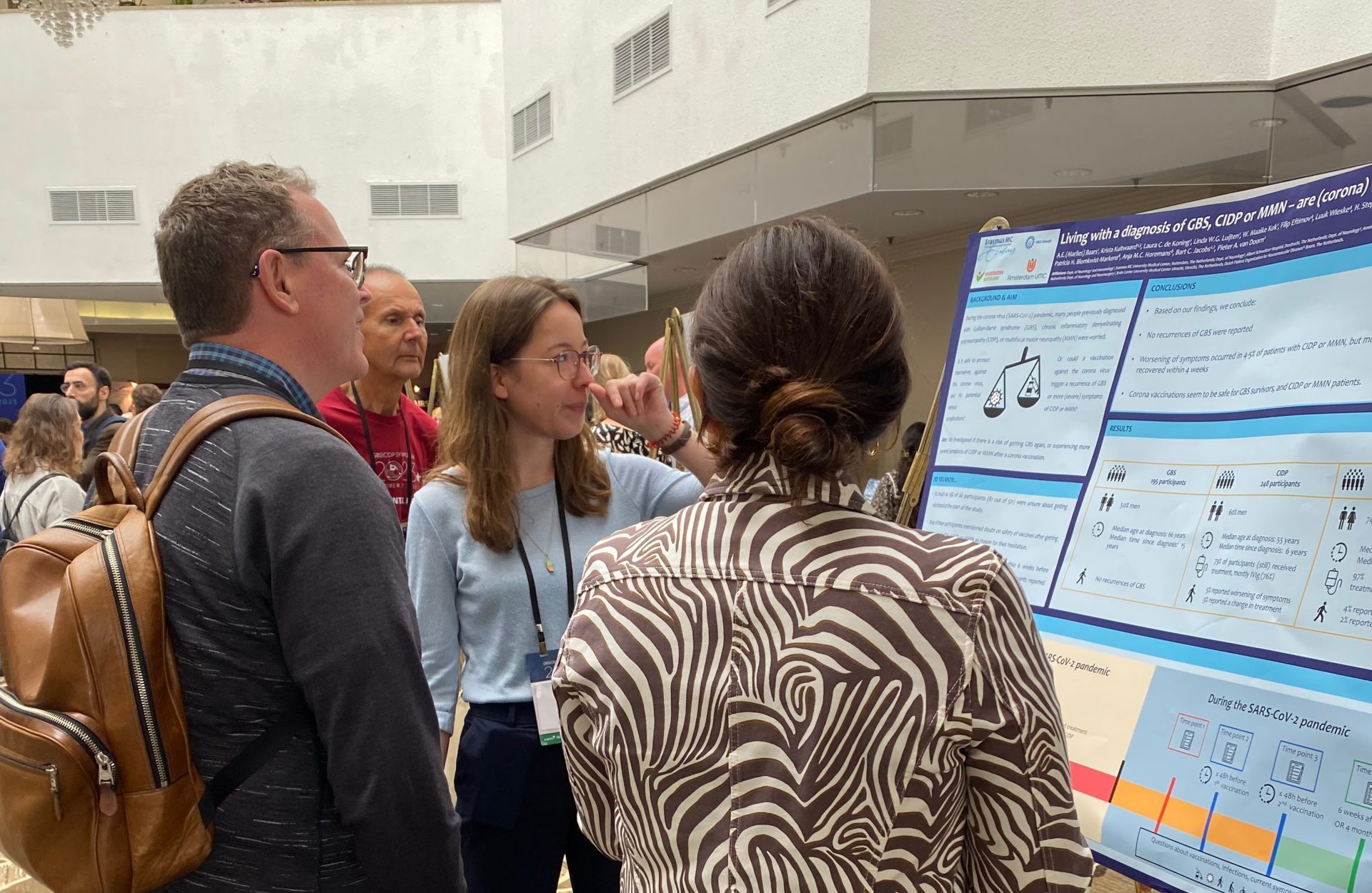 Three people looking at a chart