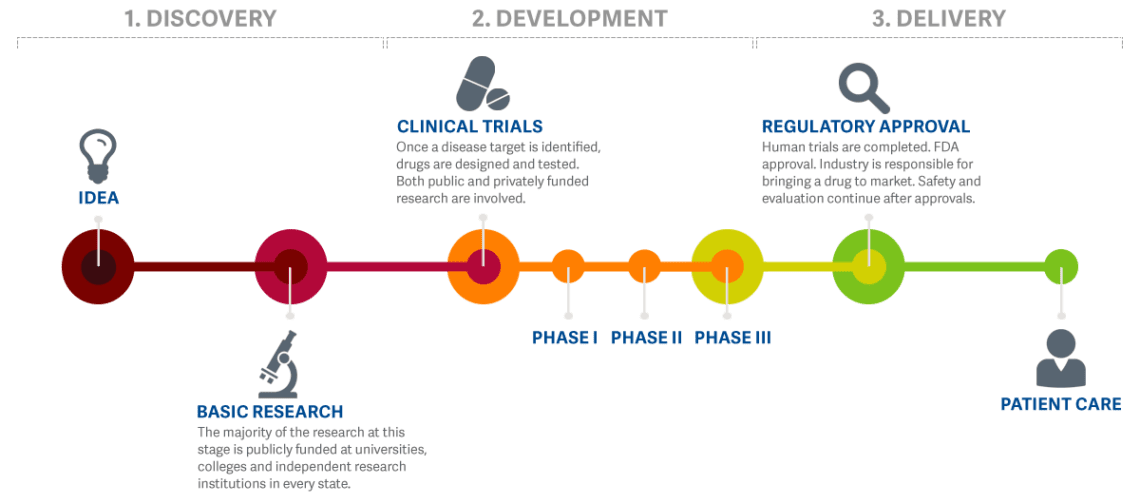A linear timeline infographic detailing the three main stages of the research process: 1. Discovery, 2. Development, and 3. Delivery. The timeline flows from left to right, starting with an 'Idea' and 'Basic Research' under Discovery, moving to 'Clinical Trials' (including Phase I, II, and III) under Development, and concluding with 'Regulatory Approval' and 'Patient Care' under Delivery.